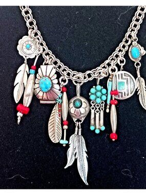Handmade Artisan Native American Sterling Turquoise Coral Charm Necklace